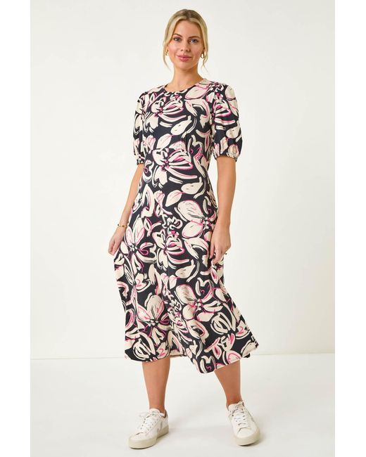 Roman Petite White Floral Stretch Midi Dress