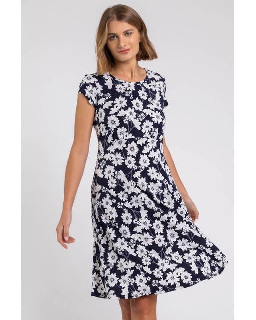 Roman Blue Floral Print Stretch Jersey Tea Dress