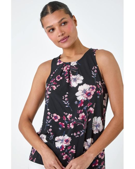 Lilly-and-Hope Blue Floral Print Keyhole Vest Top
