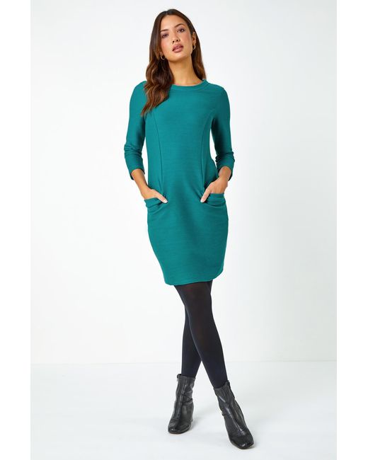 Roman Blue Ribbed Pocket Detail Stretch Shift Dress