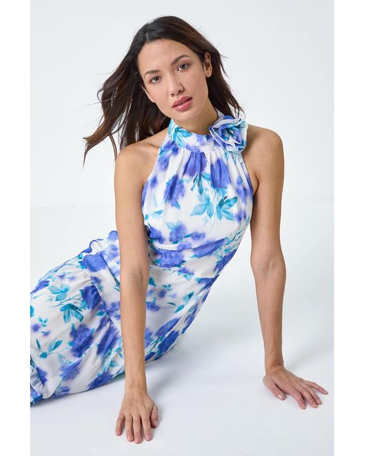 Roman Blue Floral Halterneck Chiffon Tiered Midi Dress