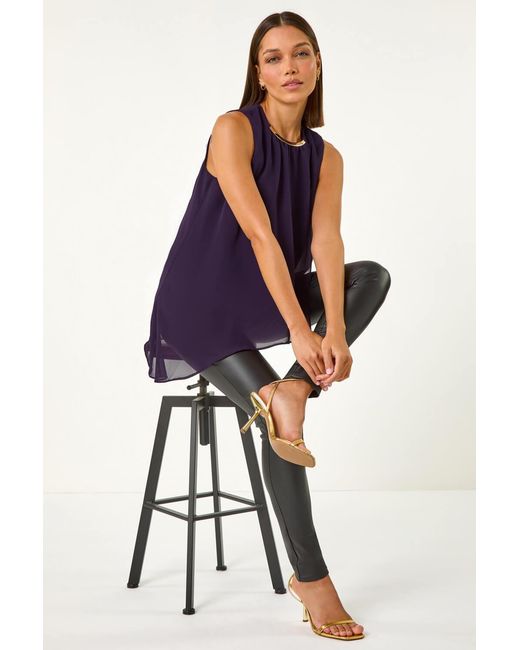 Roman Purple Neck Trim Asymmetric Woven Top
