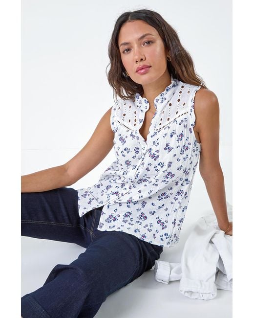 Roman White Cotton Embroidered V-Neck Floral Blouse