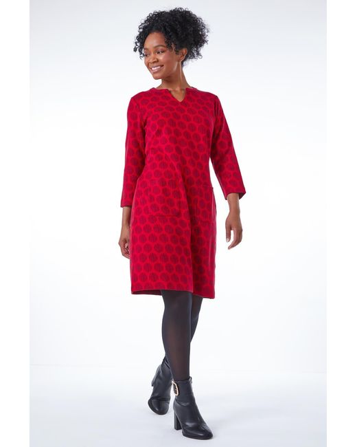 Roman Petite Red Notch Neck Jacquard Dress