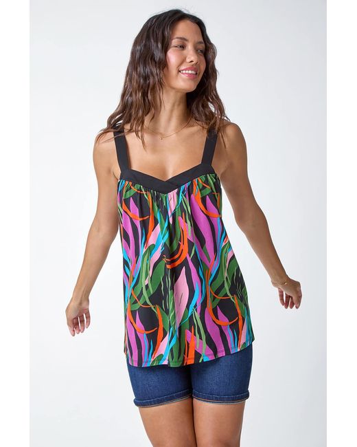 Roman Blue Contrast Leaf Print V-Neck Stretch Cami Top