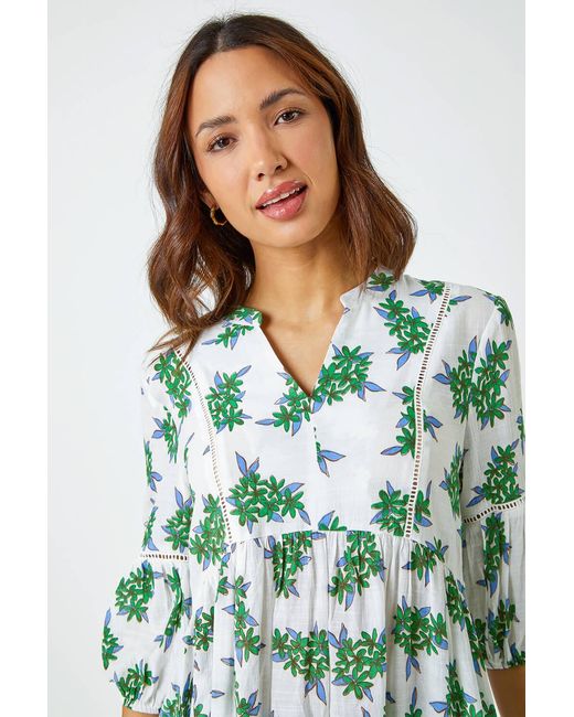 Roman Green Floral Print V-Neck Tunic Smock Top