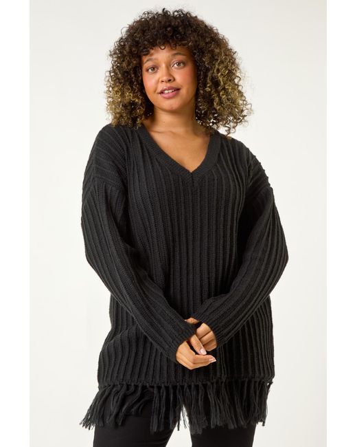 Roman Curve Black V-Neck Tassel Hem Knit Jumper