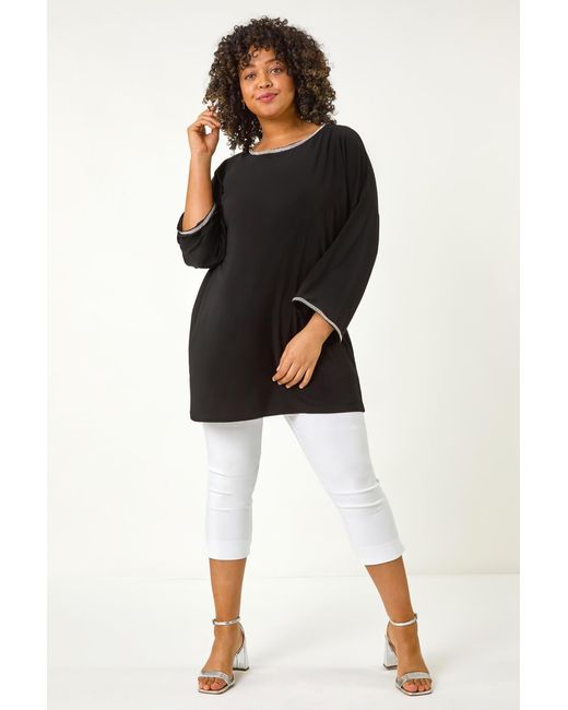 Roman Curve Black Diamante Trim Stretch Top