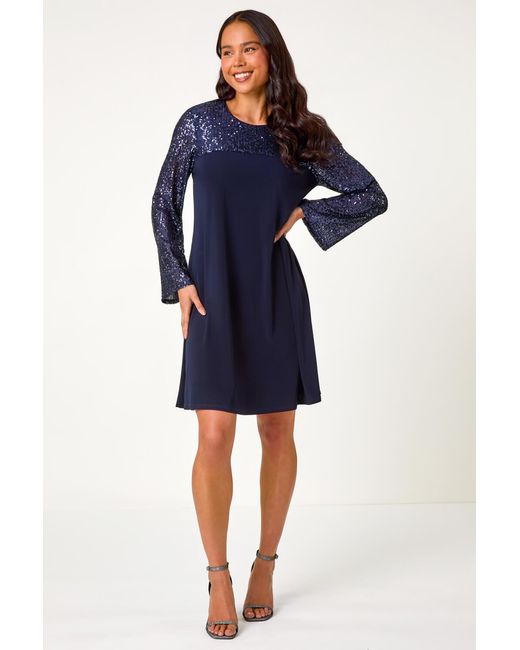 Roman Petite Blue Contrast Sequin Shift Stretch Dress