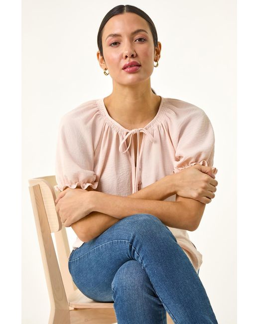 Roman Blue Tie Front Frill Sleeve Top