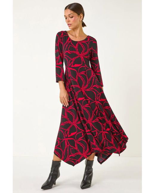 Roman Red Leaf Print Hanky Hem Stretch Midi Dress