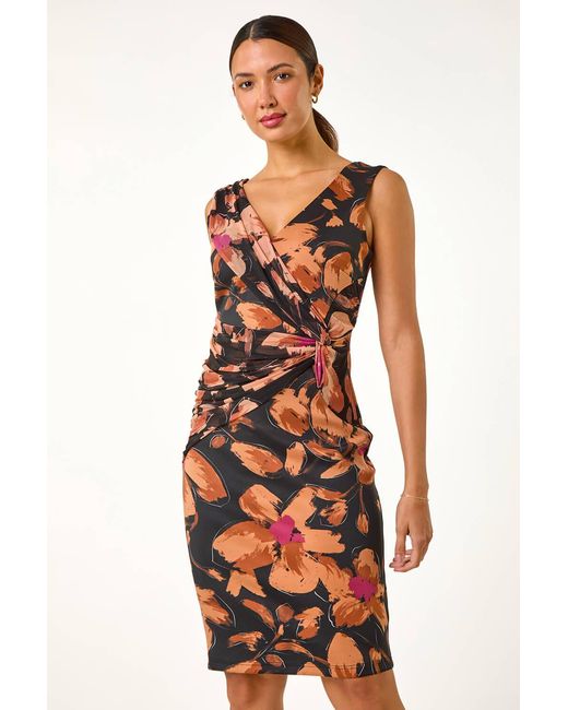 Roman Natural Floral Ruched V-Neck Dress