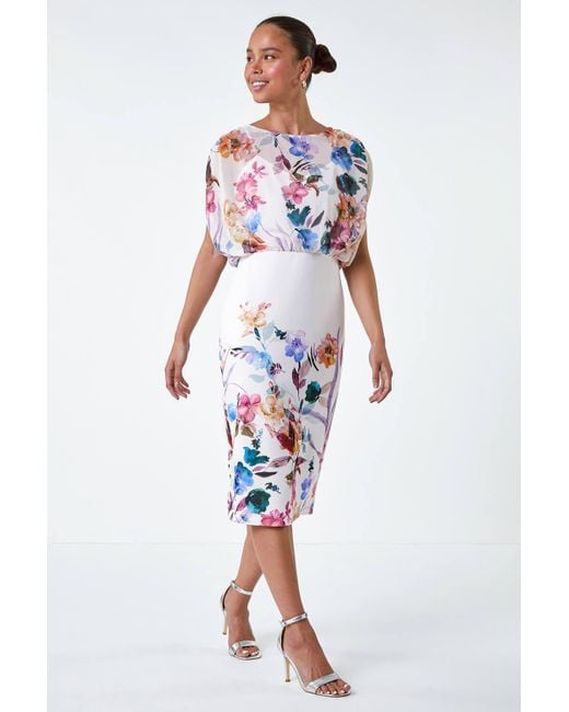 Roman Petite Floral Chiffon Blouson Overlay Dress in White | Lyst UK