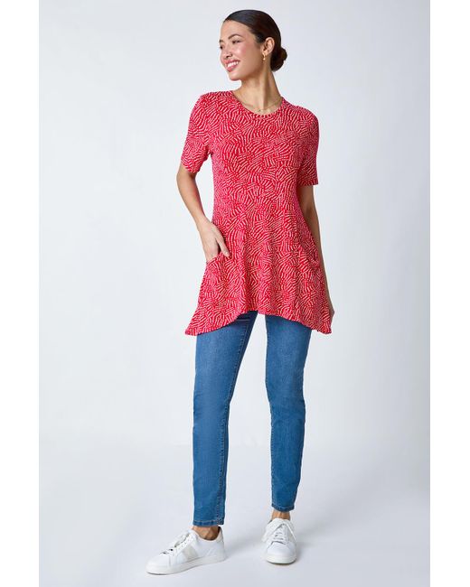 Roman Red Abstract Print Pocket Tunic Top