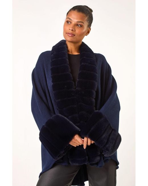 Roman Blue Faux Fur Trim Knitted Poncho