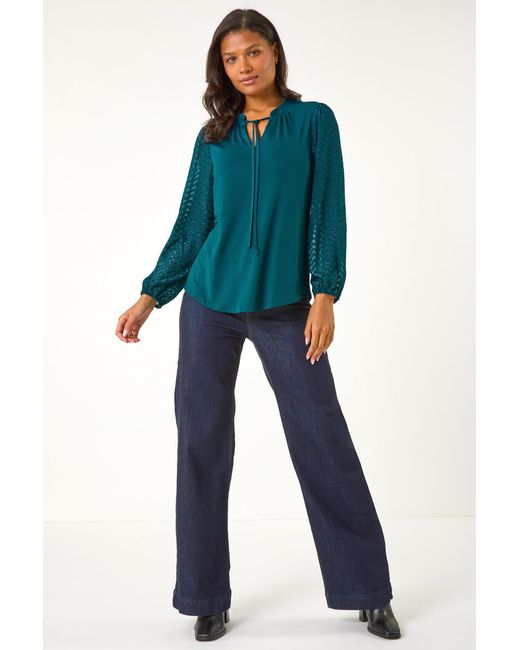 Roman Blue Woven Zig Zag Sleeve Tie Front Top