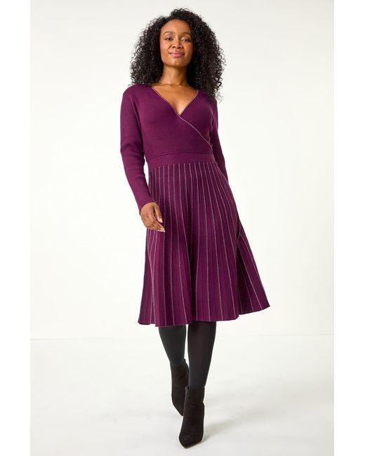 Roman Petite Purple Metallic Pleat Knitted Dress