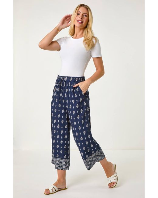 Roman Petite Blue Aztec Border Cropped Trouser