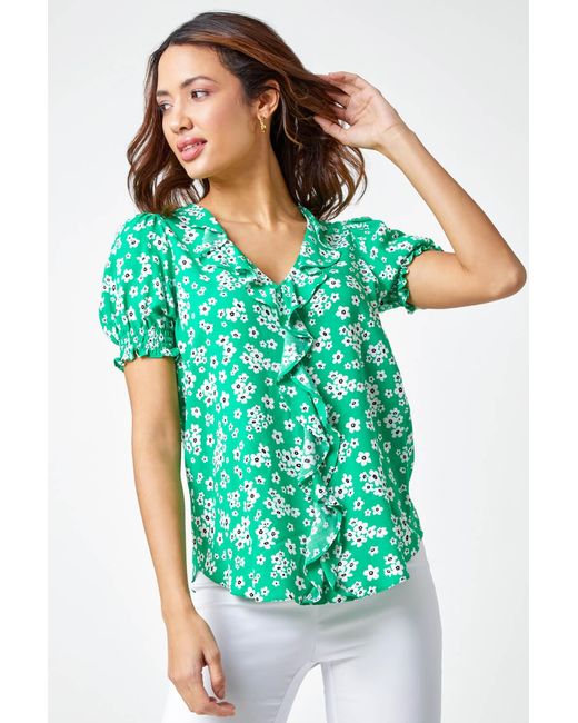 Roman Green Ditsy Floral Print Ruffle Top