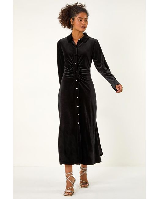 D.u.s.k Black Velvet Button Midi Shirt Dress