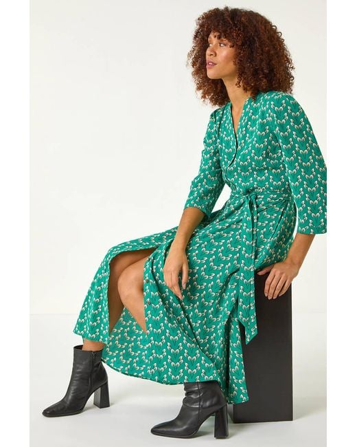 Roman Green Leaf Print Midi Shirt Dress