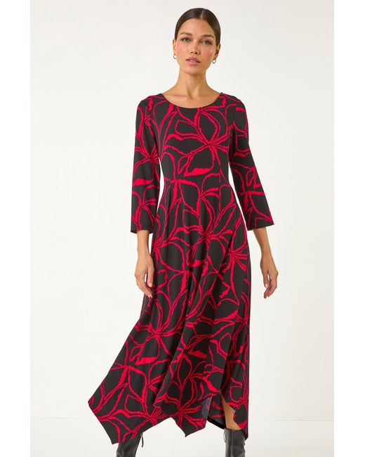 Roman Red Leaf Print Hanky Hem Stretch Midi Dress