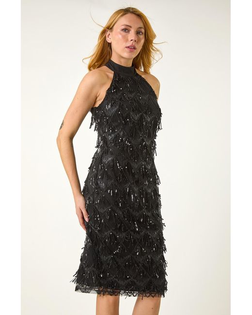 D.u.s.k Black Halter Neck Tassel Trapeze Dress