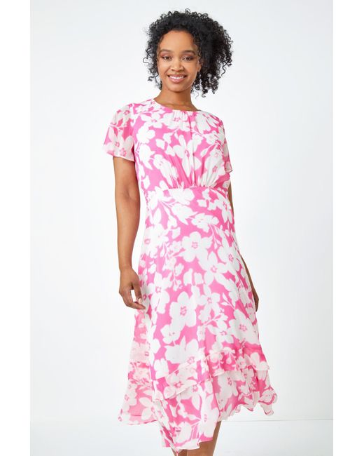 Roman Pink Petite Frill Hem Floral Midi Dress