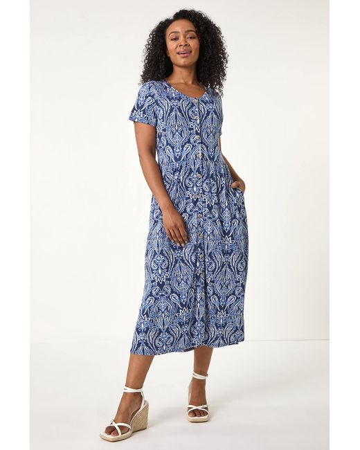 Roman Petite Blue Paisley Button Front Dress