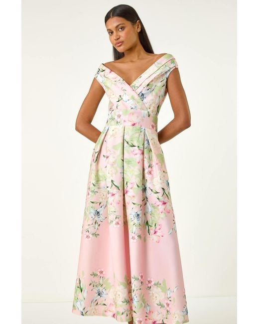 Roman Pink Floral Print Bardot Midi Stretch Dress