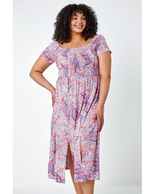 Roman Curve Pink Paisley Print Shirred Stretch Midi Dress