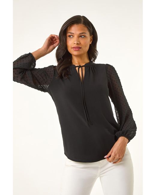 Roman Black Dobby Spot Tie Neck Mesh Top