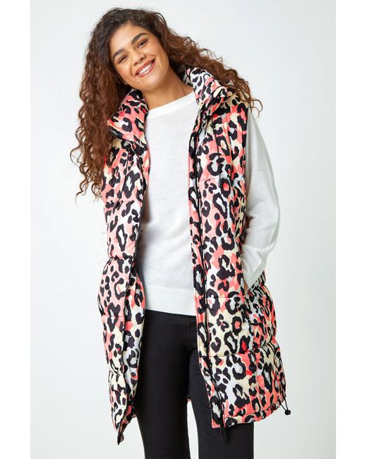 Roman White Animal Print Longline Hooded Gilet