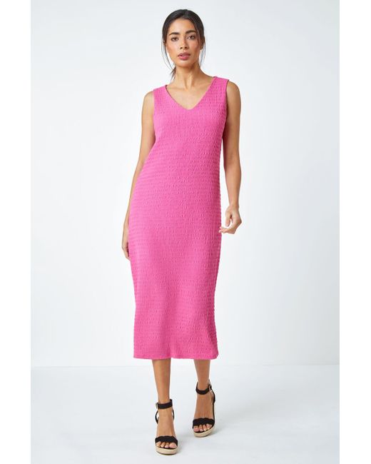 Roman Pink Sleeveless Textured Midi Stretch Dress