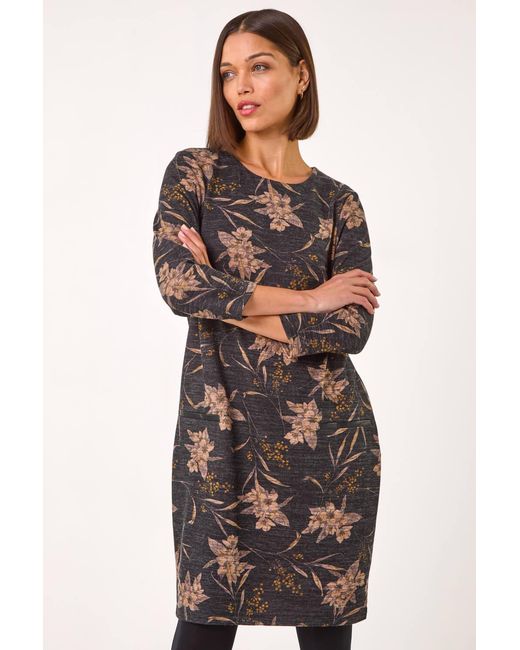 Roman Gray Floral Print Pocket Shift Stretch Dress