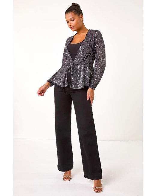 Roman Black Sequin Tie Front Stretch Top