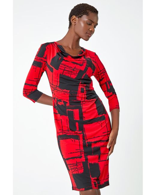 Roman Red Abstract Print Cowl Neck Bodycon Dress