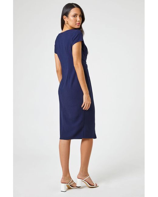 Roman Blue Embellished Stretch Twist Waist Ruched Dress