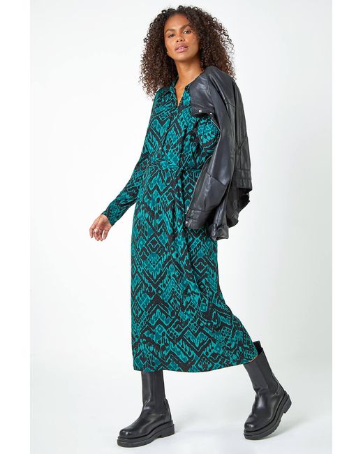 D.u.s.k Blue Abstract Print Midi Stretch Shirt Dress