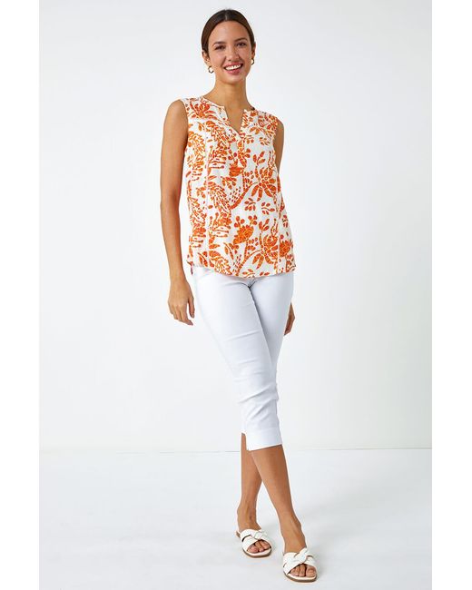 Roman Orange Sleeveless V-Neck Floral Print Vest
