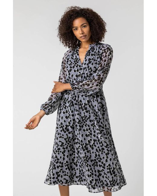 Roman Metallic Animal Print Belted Chiffon Midi Dress