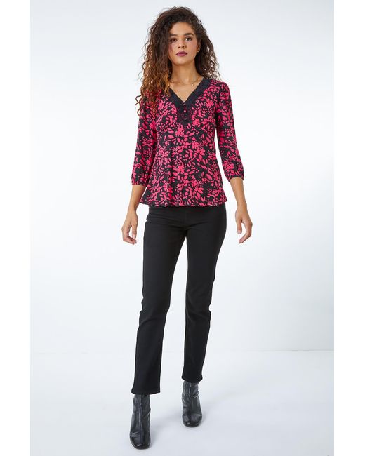 Roman Red Lace Detail Abstract Jersey Top