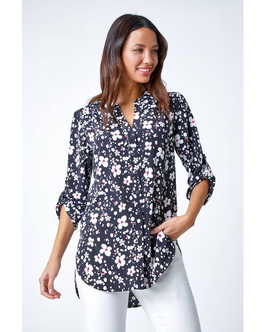 Roman Blue Floral Print Button Through V-Neck Blouse