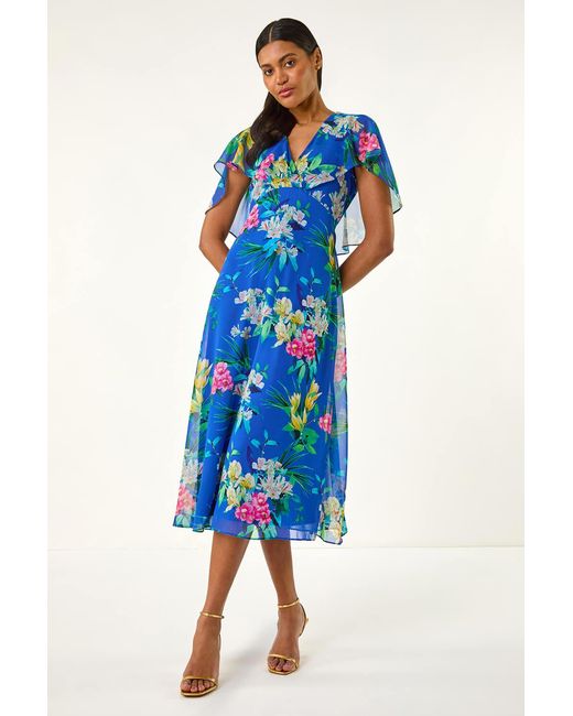 Roman Blue Floral Chiffon Back Cape Dress