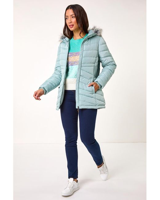 Roman Blue Faux Fur Hooded Quilt Coat