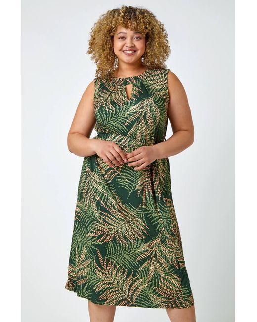 Roman Curve Green Leaf Print Tie Detail Dress