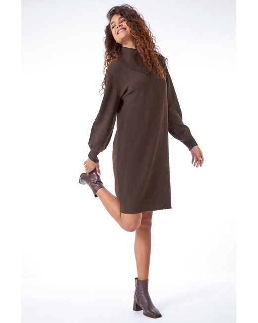 Roman Brown Split Neck Ribbed Knit Dress