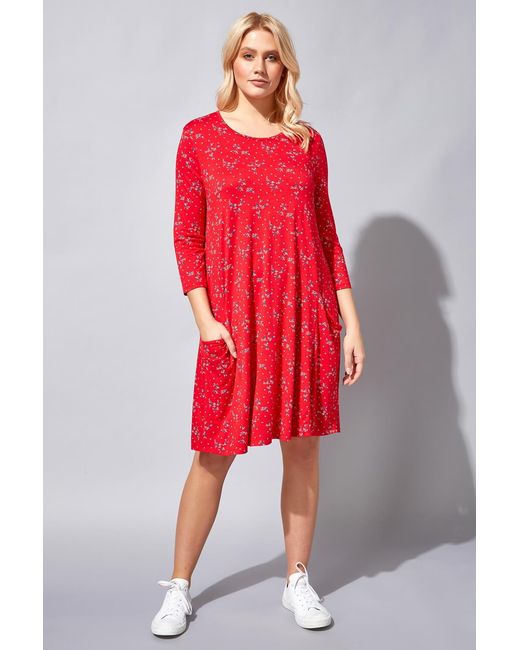 Roman Red Floral Pocket Swing Dress