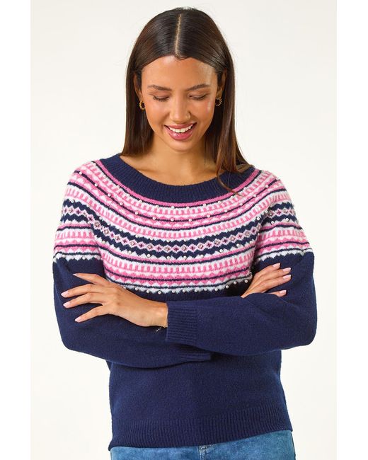 Roman Blue Pearl Embellished Printed Jumper