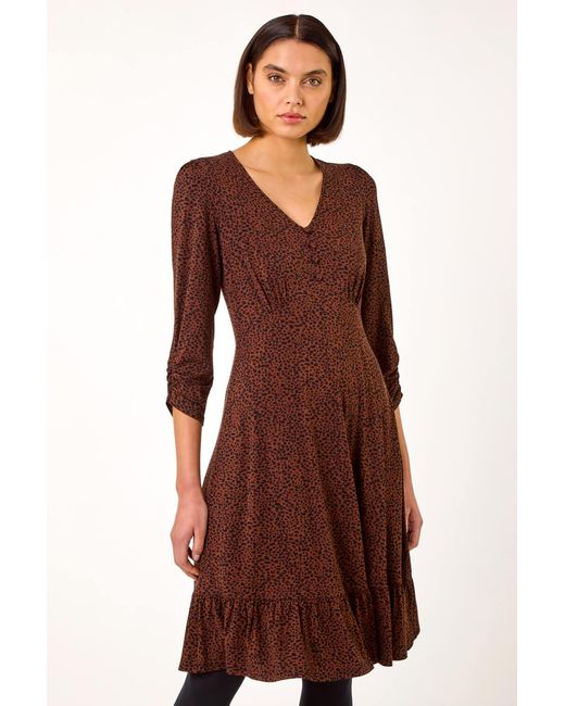 Roman Brown Disty Animal Print Tea Dress
